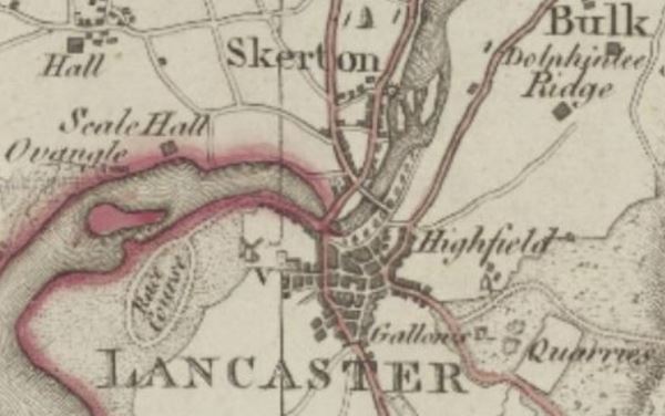 Section of an 18th century map. The River Lune winds from the north-east to the south-west. Lancaster is shown as a compact town on the south bank at a bend in the river. Skerton is a small village just across the river to the north.